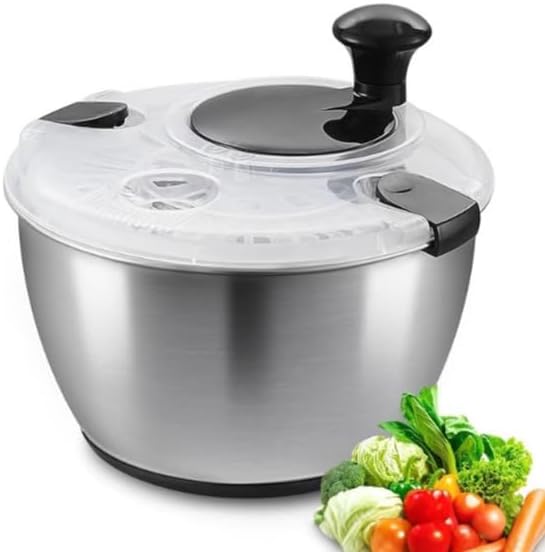 Stainless Steel Salad Spinner 5.3Qt, LSalad Spinner Stainless Steel With Stop Button & Drain Hole, Dishwasher Safe, 304 Stainless Steel Bowl & Basket, BPA-Free Large Lettuce Dryer