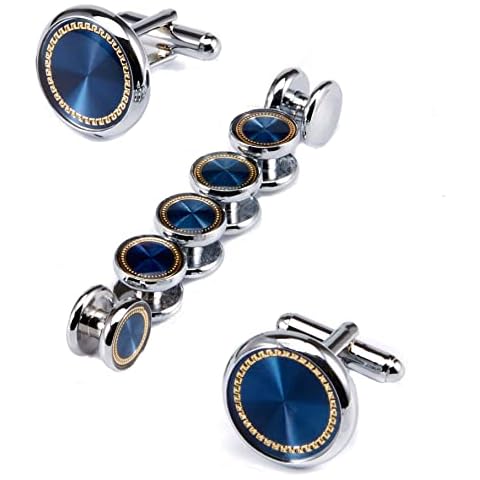 UJOY Cufflinks & Studs Set 1Pair Cufflinks & 3Pair Tuxedo Studs, Mens Jewelry Kit with Gift Box - Blue Goldline & Silver, Valentines Gifts for Him, Men's Cufflinks & Shirt Accessories Cover