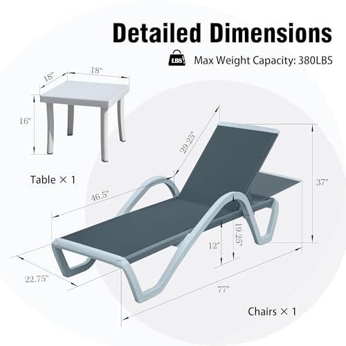 Image of Domi Outdoor Lounge Chair, Aluminum Patio Chaise Lounge with 5 Position Adjustable Backrest and Wheels, All Weather Reclining Chair with Armrest and Side Table for Patio, Yard,Balcony,Poolside (Grey)
