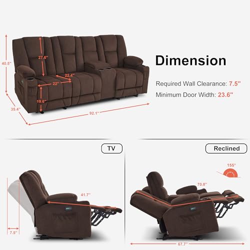 MCombo Zero Gravity Power Reclining Sofa with Console, Heat and Vibration Massage, 3 Seater Reclining Couch with USB Ports, Cup Holders for Living Room, Fabric 6035SET (Brown)