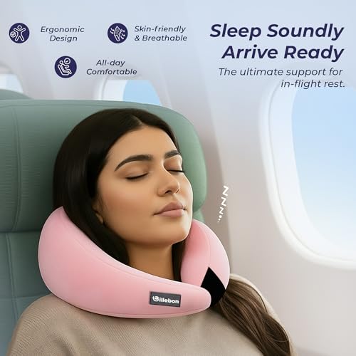 Image of Billebon Gel Infused Memory Foam Neck Pillow with Case, Travel Pillow with Adjustable Velcro Straps, Neck Pillow for Travelling & Flight Travel, Ergonomic Support for Comfort & Pain Relief (Pink)