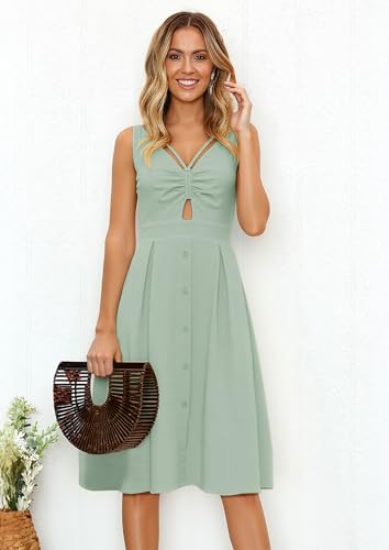 Image of ECOWISH Women 2026 Summer Dresses Tie Front V-Neck Spaghetti Strap Button Down A-Line Backless Swing Midi Dress