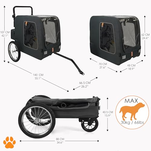 MY DUQUE – Chase 3-in-1 Hundefahrradanhänger bis 30 kg | Faltbarer Hundebuggy für Fahrräder | Inklusive Regenschutz und Anhängerkupplung | Hundewagen für Hundetransport | Schwarz
