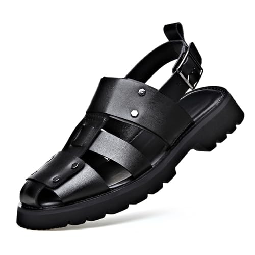 Men's Black Soft Leather Platform Sandals Adjustable Buckle Closed Toe Chunky Heel Casual Walking Sandals Summer Outdoor Non-Slip Fisherman Sandals