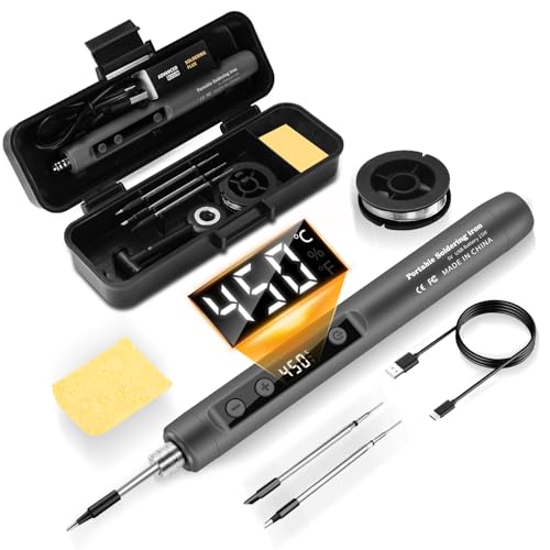 Daakro 2-in-1 Akku Lötkolben Set 180-450 mit einstellbarer Temperatur mit LED-Anzeige USB-aufladbares lötkolben mit Lötdraht Werkzeugkasten Akku-Lötkolben-Set 3 Lötkolbenspitzen usw(Grau)
