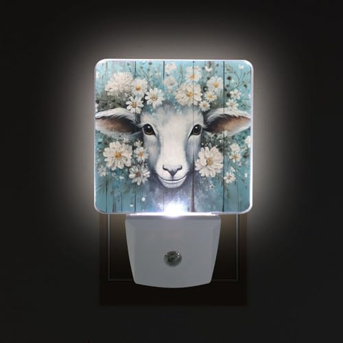 Image of Flower Sheep Wooden Night Lights 2 Pack Plug-in Wall Led Nightlight Auto Dusk-to-Dawn Sensor Lamps for Bedroom Kitchen Bathroom