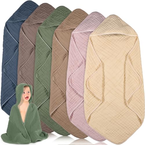 Image of Peryiter 6 Pcs Muslin Hooded Baby Towels,32"x 32" Cotton Newborn Bath Towel Muslin Infant Baby Blankets Absorbent Unisex Newborn Registry Gift for Girls Boys (Brown)