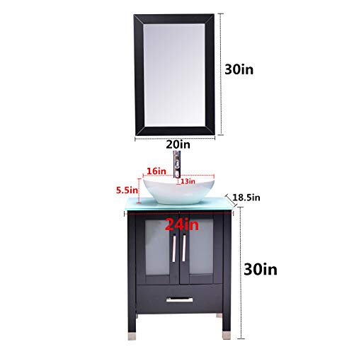 Danseelee 24'' Tempered Glass Top Modern Bathroom Vanity And Sink Combo Stand Cabinet,White Oval Ceramic Vessel Sink With Mirror,Contains Faucet And Pop-Up Drain (Black) #TOP2
