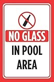 XingFox Letreros de pared con texto No hay vidrio en la piscina, impresión en rojo y negro, póster de reglas para piscinas, precaución al aire libre, 8 x 12 pulgadas