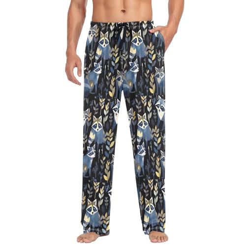 Men's Dark Black Raccoons Pajama Pants with Pockets - Straight Fit Cotton Sleep Bottoms for Lounge & Nightwear#781