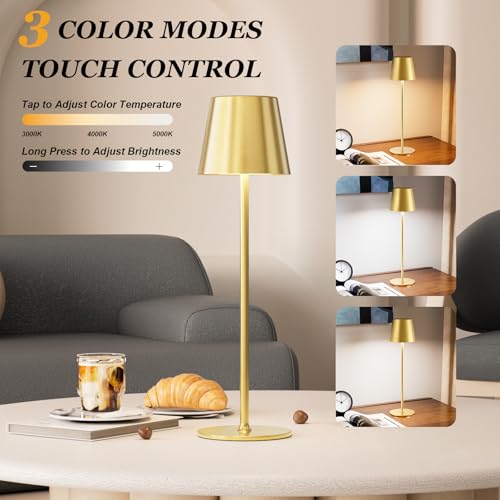 Cordless Table Lamp Rechargeable Gold - KK 2 Pack 5000mAH Battery Operated Lamp for Dining Table, 3 Color Stepless Dimming Wireless Lamp for Counter, Outdoor Patio, Touch Control, Water Repellent by Kakanuo - Used condition - US$23.99