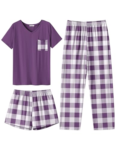 Ekouaer Women's 3 Piece Pajama Set Short Sleeve Sleepwear Pj Set Top and Shorts Pants Pjs with Pockets
