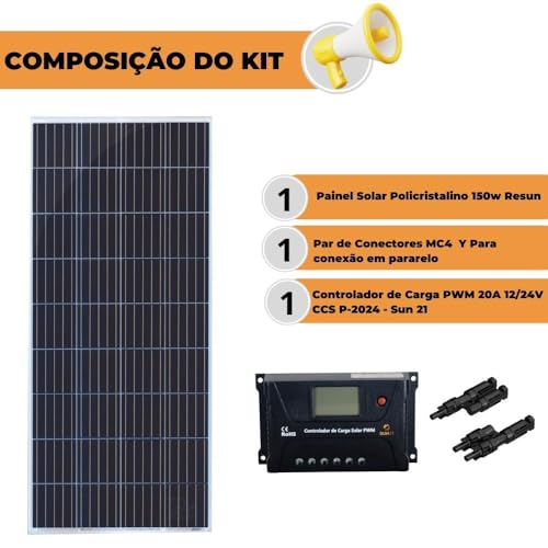 Kit Painel Solar 150w Com Controlador 20A Sun21 Conector MC4Y