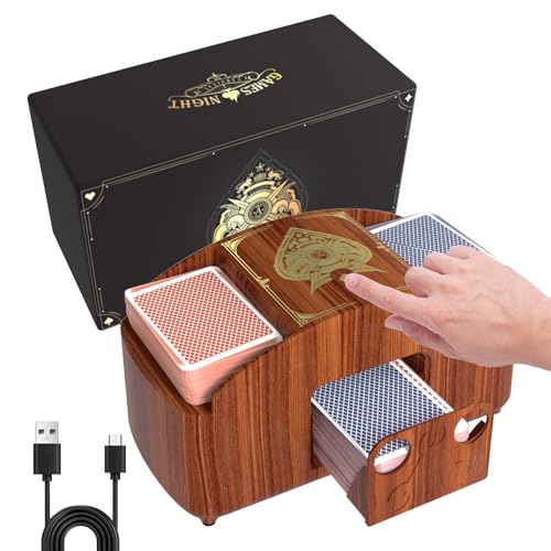 HJCMikee 1-2 Deck Automatic Card Shuffler, Retro Casino Poker Playing Cards Electric Shuffle Machine for UNO Skip bo Blackjack Canasta Game, Battery Operated Or USB-C Powered (Walnut Wood Grain)