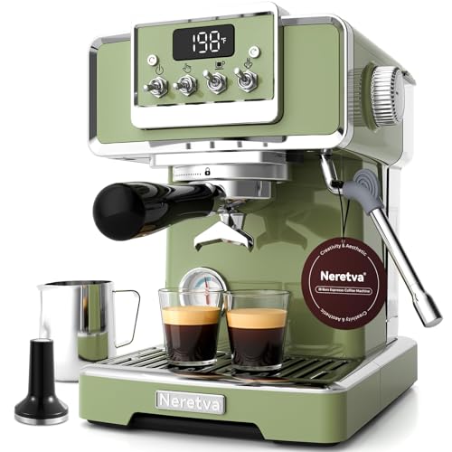 Neretva Espresso Machine, 58mm Professional Espresso Coffee Machine 15 Bar Retro Espresso Maker with Powerful Milk Frother & Visible Pressure Gauge for Home Barista Latte and Cappuccino Maker