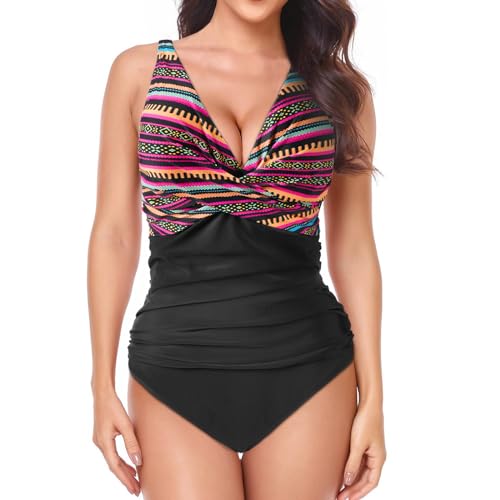 HOTUT Traje de Baño Mujer de Una Pieza, Control de Barriga Fruncido Bañador, Mujer Push Up Monokinis Cuello en V Control de Barriga, Multicolor - XXL
