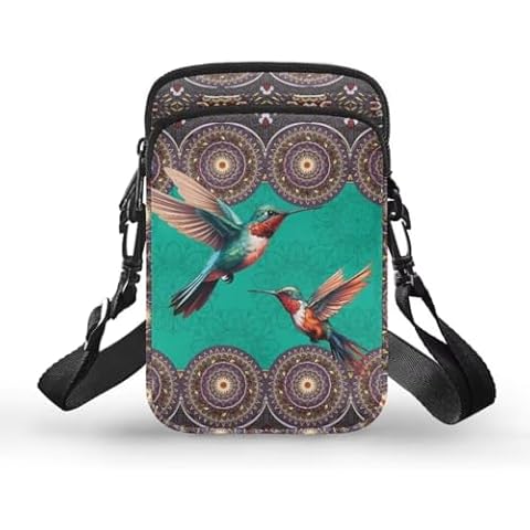 Qznuberone Double Layer Small Crossbody Bags Cell Phone Wallet Purses for Women Shoulder Handbags With Adjustable Strap,Boho Mandala Flower Tribe Hummingbird Cover