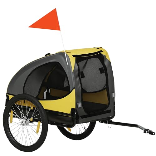 Aosom Dog Bike Trailer, Pet Bike Wagon with Steel Frame, Hitch Coupler, Quick Release Wheels, Reflectors, Flag, Pet Travel Carrier for Medium Dogs, Yellow
