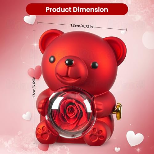 Image of Kidology Teddy Bear with Preserved Rose | Forever Flower Bear with Hidden Jewellery Box | Elegant Gift Box for Women, Romantic Gift for Valentine's Day (Without Necklace) (Red)
