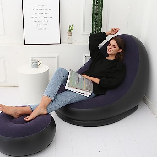 eBoutik - Indoor & Outdoor Inflatable Deluxe Lounge Chair & Foot Stool With Soft Plush Fabric - Ideal for Christmas, Gaming, Winter Home & Camping & Xmas (Navy)