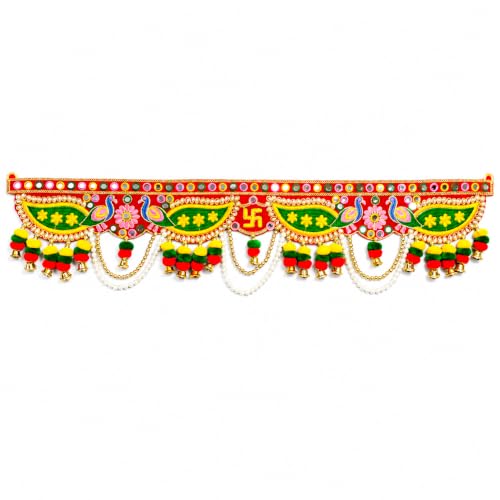 Image of ONESTA Handcrafted Designer Door Toran Bandhanwar with Peacock Swastik & Mirror Work | Traditional Main Door Hanging with Pearl Chains Bells & Pom Pom Tassels | Diwali Pooja Temple & Home Entrance Decoration 3 Feet 36 Inch Pack 01