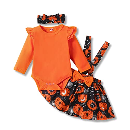 AMAWMW Newborn Baby Girl Halloween Outfit Ruffle Romper Pumpkin Ghost Suspender Skirt Toddler