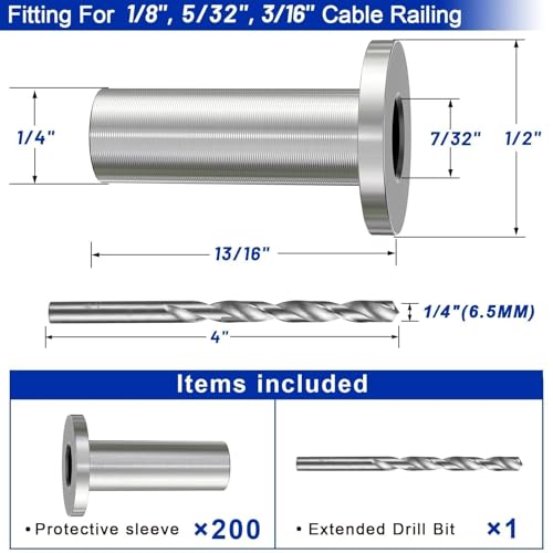 Image of Steel DN Mate 200 Pack Stainless Steel Protector Sleeves for 1 /8 inch 5 /32 inch or 3 /16 inch Cable Railing, Cable Protector Sleeves for Cable Railing System,T316 Cable Railing Hardware with a Drill Bit, DK201