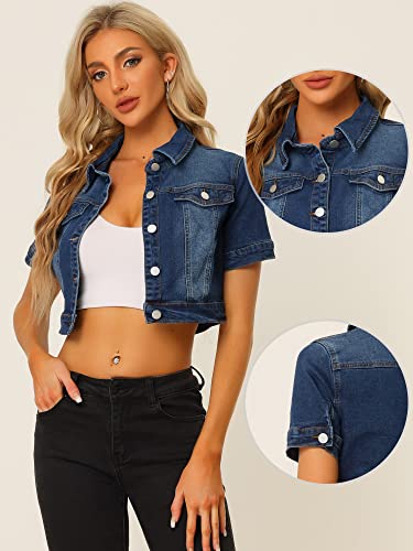 Allegra K Casual Jacket for Women's Short Sleeves Crop Jean Denim Jacket2
