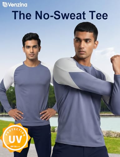 Image of Venzina Men's Long Sleeve Workout Shirt Color Block Quick Dry Athletic Top, Moisture Wicking Fitness & Running Shirt, Breathable Sportswear Tee for Gym, Sports, Casual Wear
