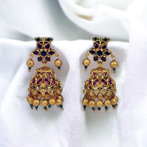 Image of Kollam Supreme Gold Plated Multicolour Kemp Jimikki Earrings for girls and women