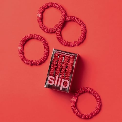 Image of Slip Silk Hair Ties - Skinny Silk Red Scrunchies, No Damage, No Crease, Anti-Breakage |100% Mulberry Silk | All Hair Types | Made with Proprietary Slipsilk | Set of 4