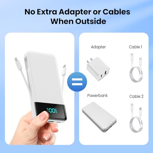 Image of Portable Charger for iPhone,13800mAh Slim Power Bank with Built-in Cables & AC Wall Plug,All in One 4 Outputs USB C Fast Charging Battery Pack Travel Essential for iPhone 17 /16 /15 /14,Android (White)