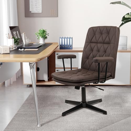 Image of CLATINA Office Chair No Wheels, Leather Criss Cross Desk Chairs with Arms, Modern Cross Legged Computer Chair, Mid Back Height Adjustable Swivel Task Vanity Chair for Home Office, Brown