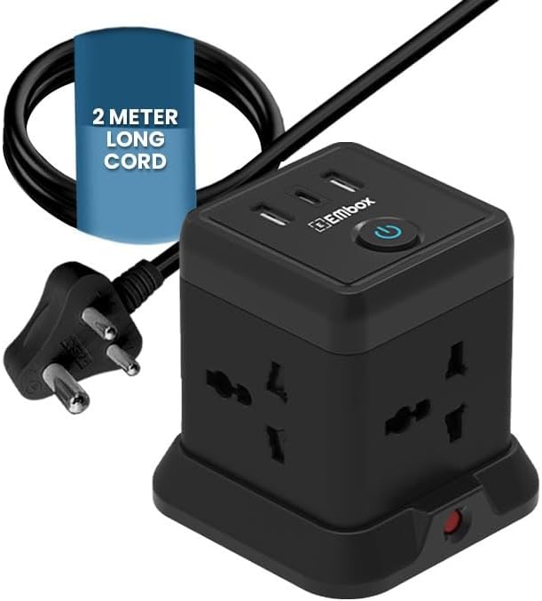 EMBOX Cube Extension Board with USB Type C (2.4 A) (QC 3.0) | 2500W Extension Board with Switches | Extension Cord with Universal Sockets Safety Shutter & Overload Protector, 2 Meter
