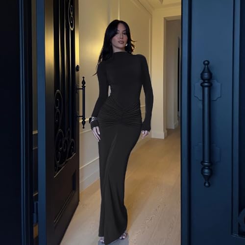 Image of Women's Sexy Turtleneck Long Sleeve Maxi Dress Elegant Ruched Bodycon Long Dress Casual Party Dresses
