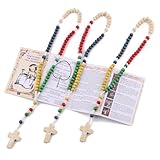 Luomu 3 sets of Multicolor Wood Beads Rosary Saint Prayer Nativity Cord Rosaries with Holy Card
