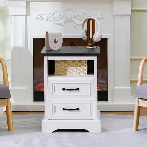 Image of ALBAD Farmhouse Nightstands with Charging Station,White & Black Tabletop | End Tables with 2 Drawers, Cube Storage Organizer, USB Ports, Metal Handles, for Rustic Bedroom Bedside, Living Room, Dorm