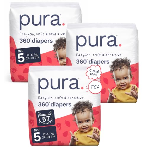 Image of Pura Hypoallergenic Diaper Pants Size 5 (27-38 lbs) Overnight, up to 12 Hours Leak Protection, Suitable for Sensitive Skin, Totally Chlorine Free, Soft Organic Cotton, 3 packs of 19 (57 Pull Up Pants)