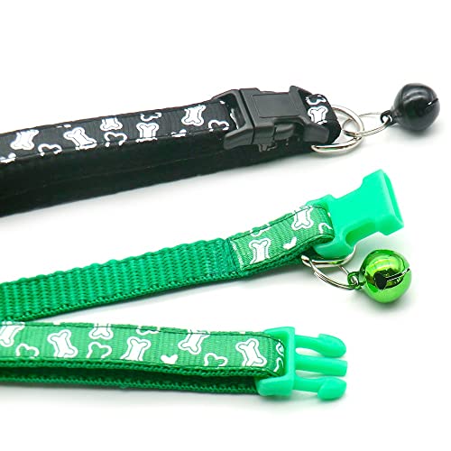 Small Dog Puppy Pet Collar and Lead Set White Bone Design Nylon Adjustable Size 19-32cm Collar with Bell and 120cm Leash Green - Image 3