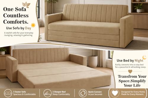 Image of 3-Seater Velvet Sofa Cum Bed with Armrests | Modern Convertible Sleeper Couch | Stylish Sofa Bed for Living Room, Bedroom & Office | Golden