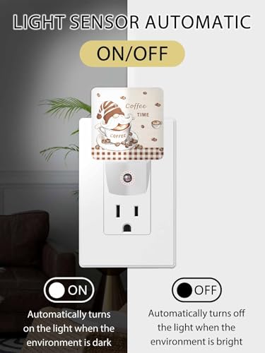 Image of Coffee Gnome Night Light Plug in LED Coffee Bean Linen Texture Automatic Sensor Night Lamps Square Night-Light Plug into Wall for Bedroom Bathroom Kitchen Hallway Decor