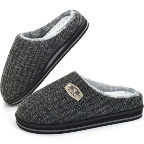 KuaiLu Black Mens Slippers Orthopedic Memory Foam Slippers for Men Fashion Casual Wool-blend Stripe Knitted with Warm Sherpa Plush Lining Winter Men's Mule Scuff Non-slip Indoor Slippers Pantuflas para Hombres