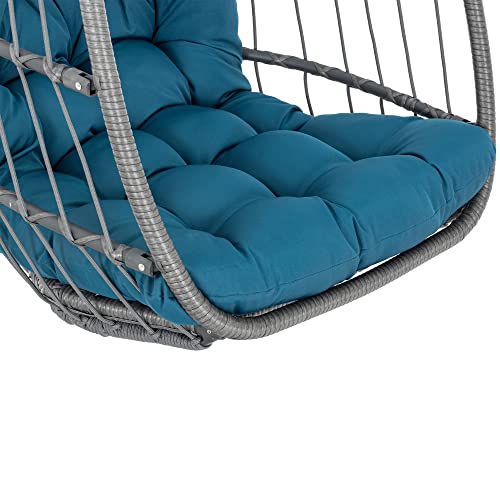 Yechen Wicker Rattan Hanging Egg Swing Chair with Hanging Chain Outdoor Indoor, Foldable Hammock Egg Basket Chairs Without Stand with Aluminum Frame and UV Resistant Cushion for Bedroom Porch
