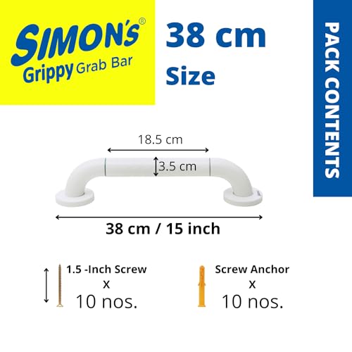 Image of Simon's Grippy Heavy-Duty Nylon and SS304 Inside Bathroom and Toilet Anti Slip Grab bar with for Elderly Hand Railing and Safety Handle| White | 3.5 cm Broad, 38cm Length - Pack of 1