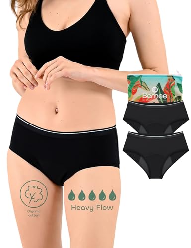 BeMee Nighttime Hipster aus Bio-Baumwolle, Perioden-unterwäsche, Menstruations-Slip, bei mittlerer bis starker Blutung für Frauen, schwarz,Größe XL, Doppelpack