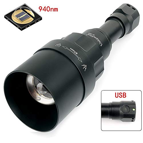 UniqueFire Torcia IR 940 NM a Infrarossi Luce Notte Visione Torcia, 3 W 4725S LED Torcia a Infrarossi T67 Lente Convessa a Lunga Distanza Messa a Fuoco Regolabile Zoomable Torch con Cavo USB