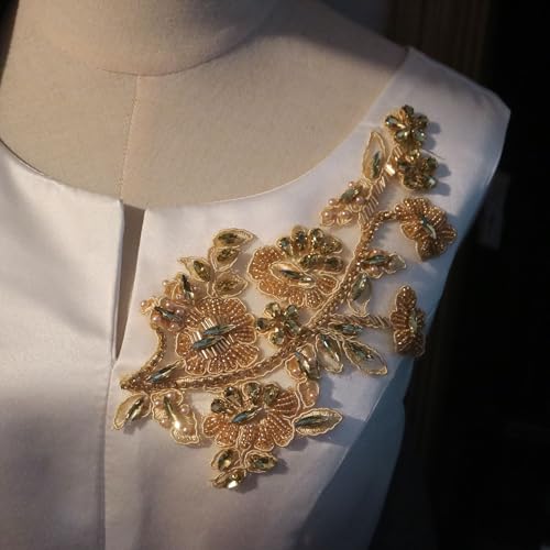 G-RUI 2pc/Pair Luxury Beaded Sequin Golden Silver Flower Embroidery lace Appliques for Wedding Dresses Rhinestone Applique Patches Embroidery lace parches ropa… (Golden) - Thumbnail 4
