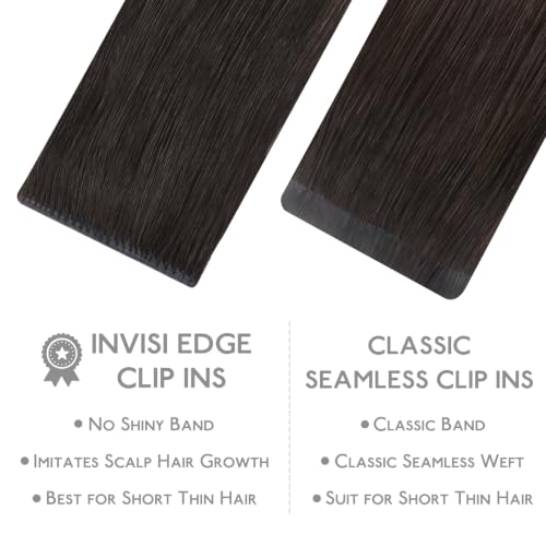 Image of WENNALIFE Invisible Edge Seamless Clip in Hair Extensions Real Human Hair | 16'' 111g 7pcs Balayage Dark Brown Mixed Chestnut Brown. Thin PU Weft, Easy, Comfortable Clip in Luxury Remy Hair Extensions
