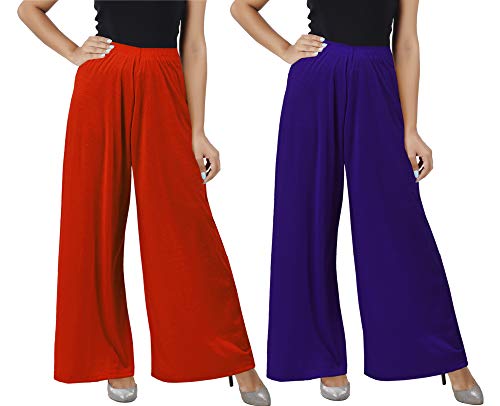 Image of Buy That Trendz M to 4XL Cotton Viscose Loose Fit Women M to 6XL Flared Wide Leg Palazzo Pants for Orange Purple 2 of Pack Combo XXXX-Large