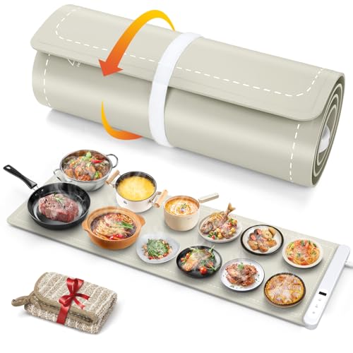 Image of FYY Warming Mat for Food with Heat Resistant Pad - Rapid and Full Surface Heating, 7 Temp Settings, 6H Timer, Rollable Portable Food Warming Mat for Countertop Party Buffet (XXXL, Khaki)